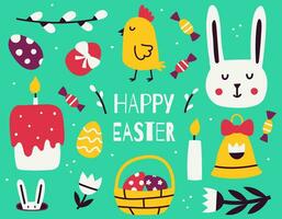 Happy Easter day. Set of simple freehand Easter design elements. Cute characters, clipart, symbols of Easter. Bunny, chicken, eggs, cake. Flat vector illustrations for Easter cards, poster