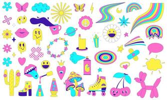 A set of y2k stickers with funky trendy surreal elements, rainbow, smiley face, psychedelic mushrooms. A set of comic acid stickers from 2000s. Weird vector illustration isolated on white.