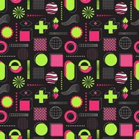 Seamless pattern with acid neon green and pink abstract geometric shapes, bold, linear elements. Inspired by brutalism, retro futurism style. For web, covers, textile. Vector on black background.