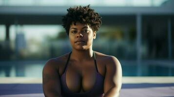 exceso de peso africano mujer en un púrpura ropa de deporte por el piscina. generativo ai foto