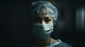 médico vistiendo un protector máscara prepara para cirugía. generativo ai foto