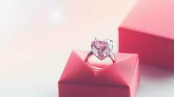 A sparkling diamond ring elegantly placed on a vibrant pink box.. Generative AI photo