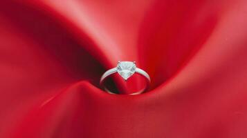 Diamond ring on red background, symbolizing elegance and romance.. Generative AI photo