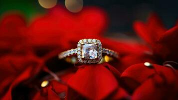 diamante anillo en rojo fondo, simbolizando elegancia y romance.. generativo ai foto