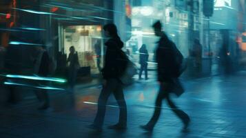 un bullicioso ciudad calle a noche, lleno con un difuminar de personas caminando en medio de el vibrante ciudad luces.. generativo ai foto