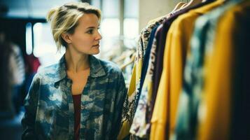 mujer hojeada ropa en almacenar.. generativo ai foto