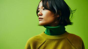 elegante mujer en un verde atuendo. generativo ai foto