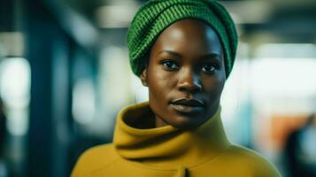 elegante mujer en un verde atuendo. generativo ai foto