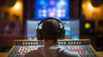 un persona vistiendo auriculares en un grabación estudio, inmerso en el mundo de sonido creación.. generativo ai foto