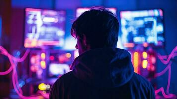 A person wearing headphones in a recording studio, immersed in the world of sound creation.. Generative AI photo