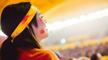 A woman celebrates a win for her favorite team at the stadium. Generative AI photo