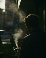 un hombre de fumar un cigarrillo en un ciudad calle.. generativo ai foto