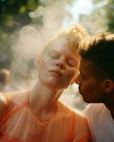 A couple enjoying a smoke together, creating a moment of relaxation and connection.. Generative AI photo