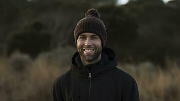 Young traveling man hiking in the mountains. Generative AI photo