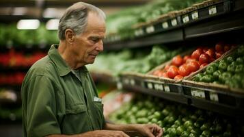 Elderly shop assistant organizing the fruit and vegetable aisle. Generative AI photo
