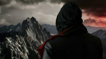 alpinista mirando hacia el parte superior de un cubierto de nubes montaña. generativo ai foto