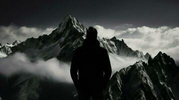 alpinista mirando hacia el parte superior de un cubierto de nubes montaña. generativo ai foto