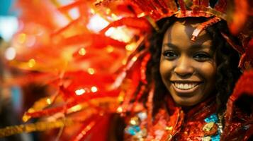 de cerca foto de mujer en carnaval traje. generativo ai