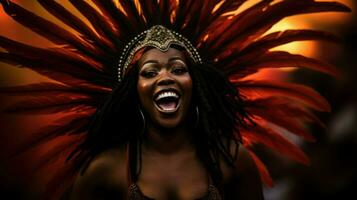de cerca foto de mujer en carnaval traje. generativo ai
