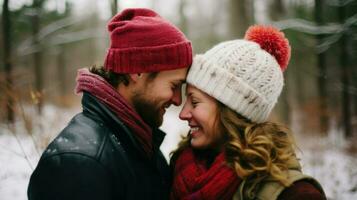 Young couple getting close in the snowy weather. Generative AI photo