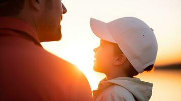 Father and son sitting against the lake view at sunset. Generative AI. photo