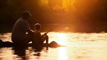 Father and son fishing at sunset. Generative AI. photo