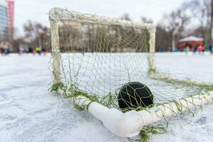 hockey puck in the goal net close-up photo