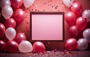 White frame with pink balloons and confetti on pink background. baby shower celebration AI Generated photo