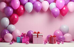 blanco marco con rosado globos y papel picado en rosado antecedentes. bebé ducha celebracion ai generado foto