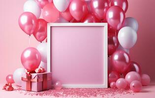 White frame with pink balloons and confetti on pink background. baby shower celebration AI Generated photo