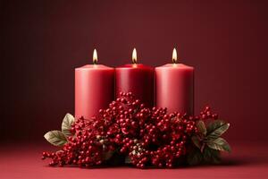 Christmas candles with fir tree branches and berries on dark wooden background AI Generated photo