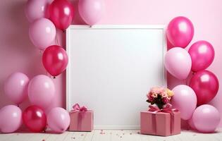 White frame with pink balloons and confetti on pink background. baby shower celebration AI Generated photo