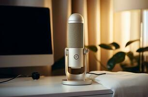 Retro microphone on table in recording studio, closeup. Space for text AI Generated photo