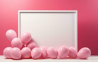 White frame with pink balloons and confetti on pink background. baby shower celebration AI Generated photo