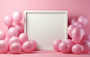 White frame with pink balloons and confetti on pink background. baby shower celebration AI Generated photo