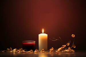 Three burning candles with dried flowers on a red background with copy space AI Generated photo