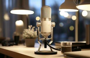 Retro microphone on table in recording studio, closeup. Space for text AI Generated photo