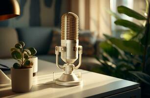 Retro microphone on table in recording studio, closeup. Space for text AI Generated photo