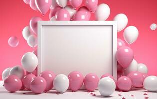 White frame with pink balloons and confetti on pink background. baby shower celebration AI Generated photo