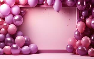 White frame with pink balloons and confetti on pink background. baby shower celebration AI Generated photo