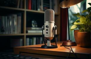 Retro microphone on table in recording studio, closeup. Space for text AI Generated photo
