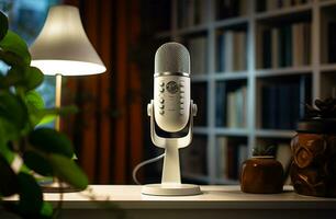 Retro microphone on table in recording studio, closeup. Space for text AI Generated photo