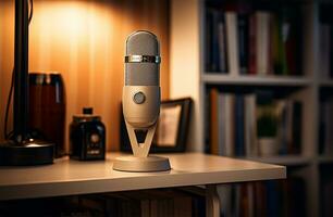 Retro microphone on table in recording studio, closeup. Space for text AI Generated photo