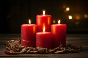 Christmas candles with fir tree branches and berries on dark wooden background AI Generated photo