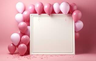 White frame with pink balloons and confetti on pink background. baby shower celebration AI Generated photo