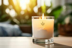 ardiente vela en vaso en el mesa en el vivo habitación, de cerca ai generado foto