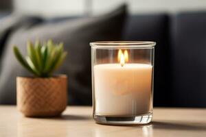 Burning candle in glass on the table in the living room, closeup AI Generated photo