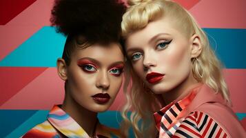 Portrait of two beautiful women with bright make-up and hairstyle AI Generated photo