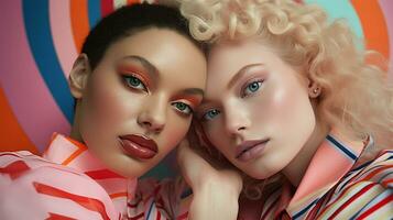Portrait of two beautiful women with bright make-up and hairstyle AI Generated photo