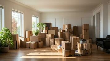 Moving boxes in new house, moving day concept, vintage toned AI Generated photo